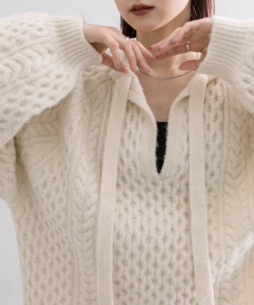 mline（エムライン）の「[mline]ケーブルスキッパーニット（ニット/セーター・レディース・ブラック/アイボリー・FREE）」の6枚目の写真