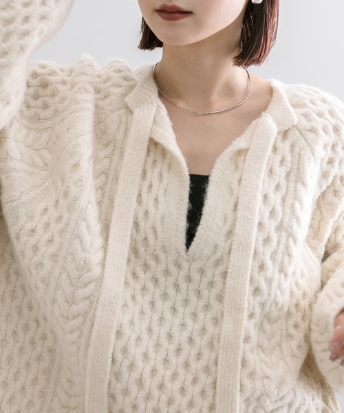 mline（エムライン）の「[mline]ケーブルスキッパーニット（ニット/セーター・レディース・ブラック/アイボリー・FREE）」の7枚目の写真