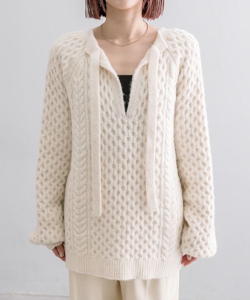 mline（エムライン）の「[mline]ケーブルスキッパーニット（ニット/セーター・レディース・ブラック/アイボリー・FREE）」の12枚目の写真