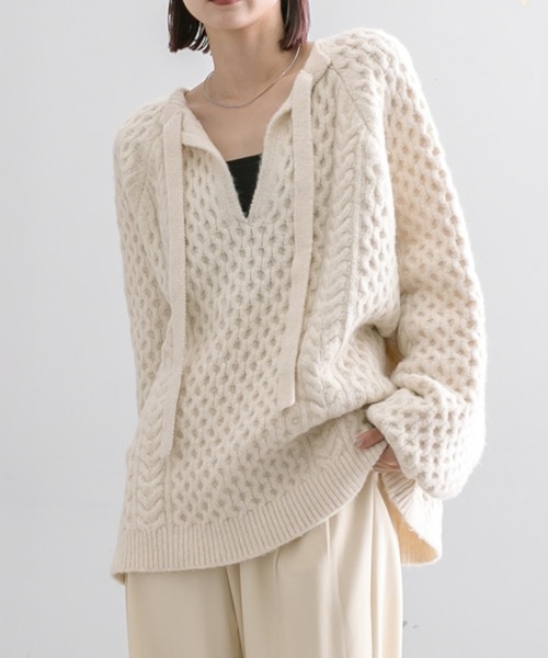 mline（エムライン）の「[mline]ケーブルスキッパーニット（ニット/セーター・レディース・ブラック/アイボリー・FREE）」の3枚目の写真