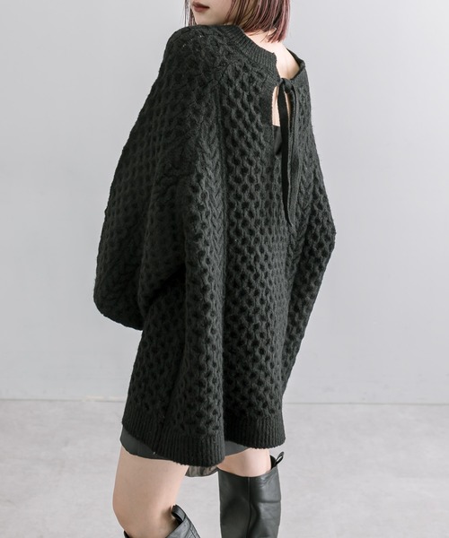 mline（エムライン）の「[mline]ケーブルスキッパーニット（ニット/セーター・レディース・ブラック/アイボリー・FREE）」の4枚目の写真