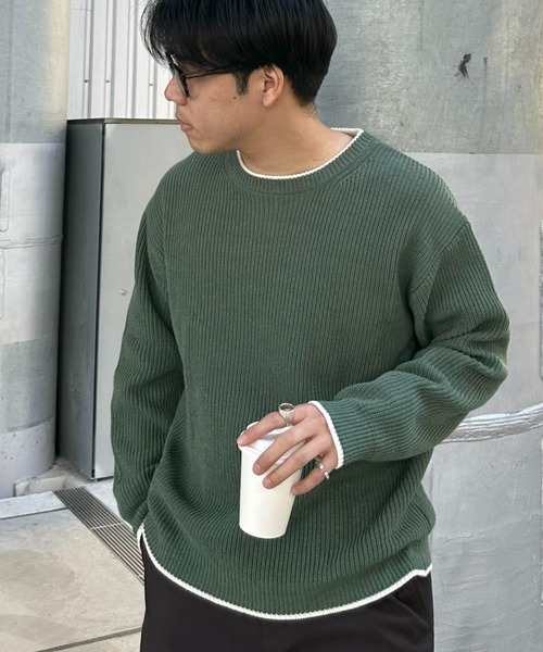 CIAOPANIC TYPY(チャオパニックティピー)の「【ユニセックス】ライン配色畦編みクルーネックニット(ニット/セーター・メンズ・ブラック×ホワイト/グレー/グリーン/オフホワイト/ブラック/ブルー・MEDIUM/LARGE)」の5枚目の写真