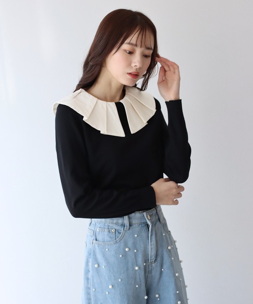 BLUEEAST（ブルーイースト）の「2WAYフリル襟付きニット（ニット/セーター・レディース・ホワイト系/ブラック/ブラック系/ピンク系・MEDIUM）」の2枚目の写真