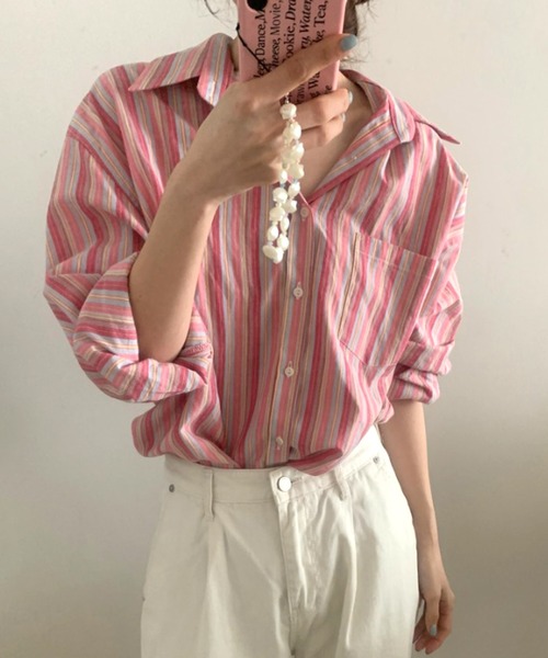 Amulet(アミュレット)の「ストライプシャツ(シャツ/ブラウス・レディース・ブルー/ピンク・M/L)」の1枚目の写真