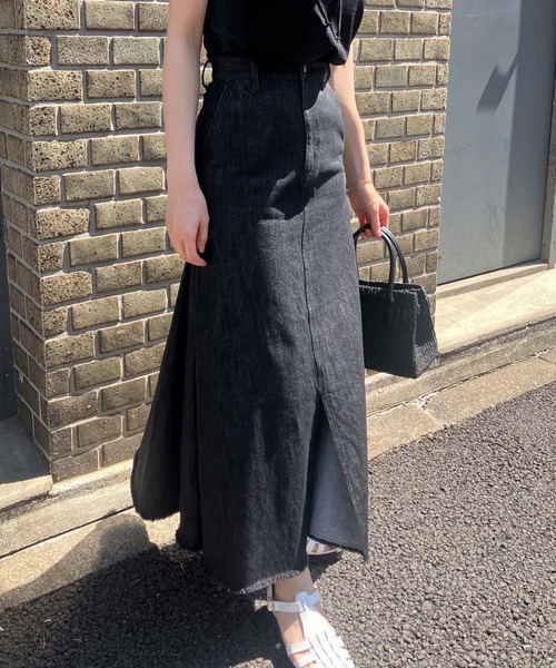 セール】サイドプリーツデニムロングスカート -洗濯機洗い可-（デニム