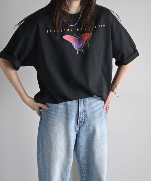 COURO(コウロ)の「butterfly&DragonflyプリントTシャツ(Tシャツ/カットソー・レディース・ブラック/ホワイト系/ホワイト/ブラック系・M/L/XL)」の11枚目の写真