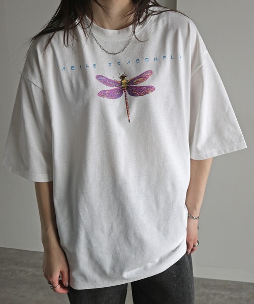 COURO(コウロ)の「butterfly&DragonflyプリントTシャツ(Tシャツ/カットソー・レディース・ブラック/ホワイト系/ホワイト/ブラック系・M/L/XL)」の9枚目の写真