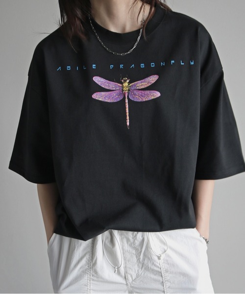 COURO(コウロ)の「butterfly&DragonflyプリントTシャツ(Tシャツ/カットソー・レディース・ブラック/ホワイト系/ホワイト/ブラック系・M/L/XL)」の15枚目の写真