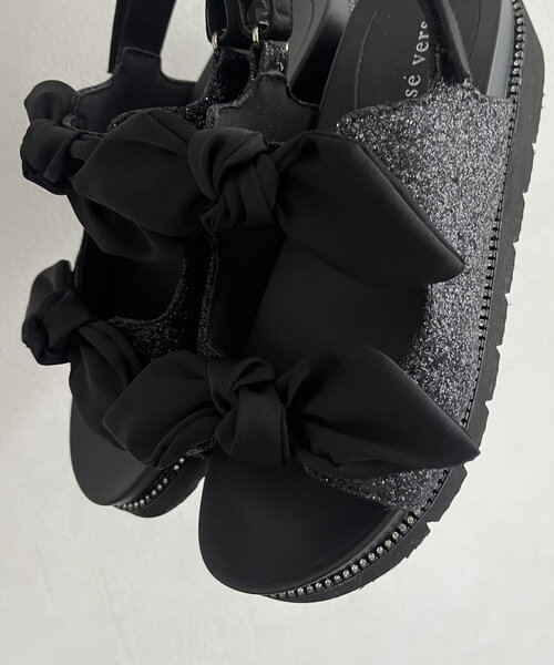 prose verse（プロズヴェール）の「ダブルリボン厚底ビジューサンダル（サンダル・レディース・ブラック/ブラック系その他・SMALL/MEDIUM/LARGE/X-LARGE）」の3枚目の写真