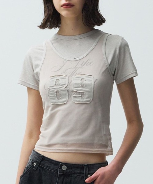 Midnight Move(ミッドナイトムーブ)の「Midnight Move/MESH SET T(Tシャツ/カットソー・レディース・ダークグレー/ピンク/ベージュ・FREE)」の1枚目の写真