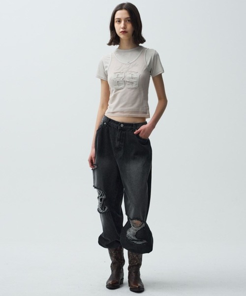 Midnight Move(ミッドナイトムーブ)の「Midnight Move/MESH SET T(Tシャツ/カットソー・レディース・ダークグレー/ピンク/ベージュ・FREE)」の9枚目の写真