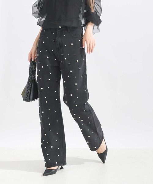 Lo-Fi(ローファイ)の「パール付きデニムパンツ(デニムパンツ・レディース・ブラック・L/M/S)」の1枚目の写真