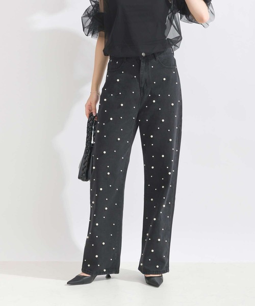 Lo-Fi(ローファイ)の「パール付きデニムパンツ(デニムパンツ・レディース・ブラック・L/M/S)」の2枚目の写真