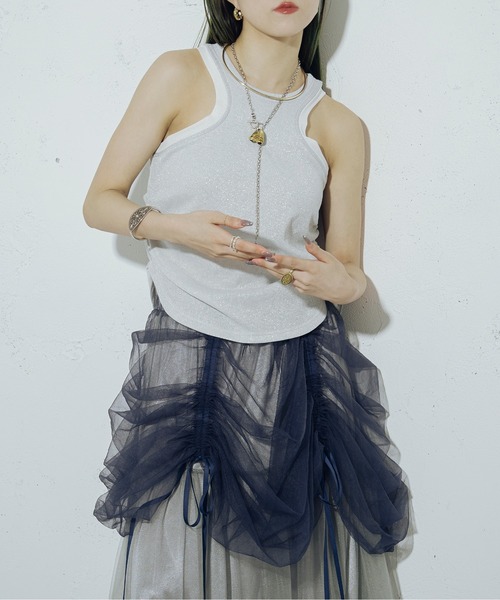 Ezick（エジック）の「Tulle line シャイニーカップ付きタンク（タンクトップ・レディース・シルバー/ブラック・FREE）」の10枚目の写真