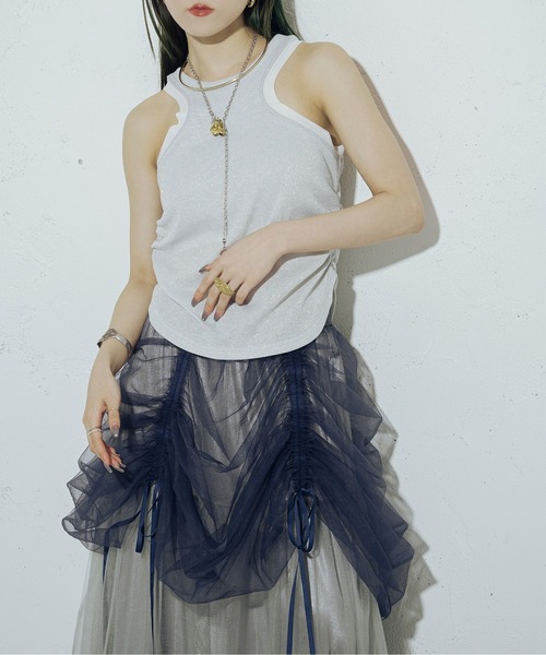 Ezick（エジック）の「Tulle line シャイニーカップ付きタンク（タンクトップ・レディース・シルバー/ブラック・FREE）」の9枚目の写真