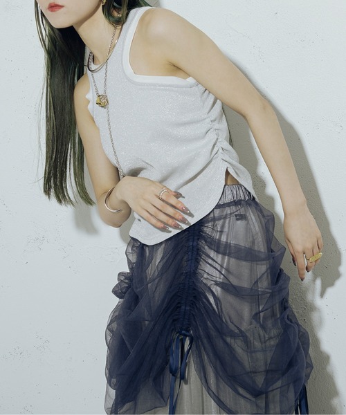 Ezick（エジック）の「Tulle line シャイニーカップ付きタンク（タンクトップ・レディース・シルバー/ブラック・FREE）」の8枚目の写真