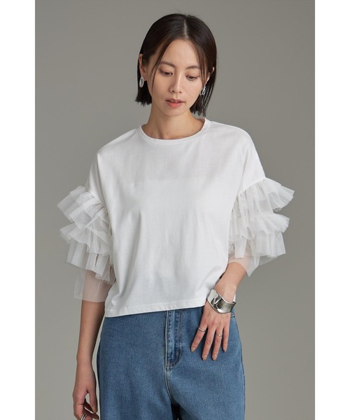 &. NOSTALGIA(アンドドットノスタルジア)の「チュールフリルスリーブ天竺Tシャツ(Tシャツ/カットソー・レディース・ホワイト/ブラック・M)」の1枚目の写真