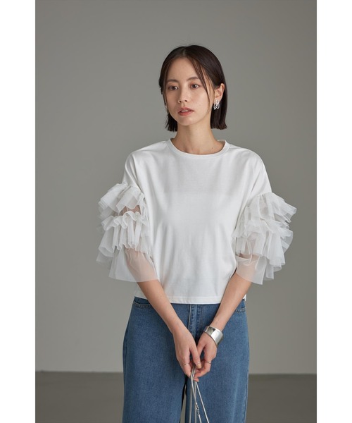 &. NOSTALGIA(アンドドットノスタルジア)の「チュールフリルスリーブ天竺Tシャツ(Tシャツ/カットソー・レディース・ホワイト/ブラック・M)」の8枚目の写真