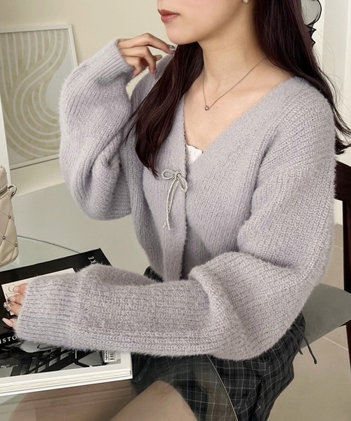 one after another NICE CLAUP（ワンアフターアナザーナイスクラップ）の「【WEB限定商品】ビジューリボンカラフルフェザーカーディガン（カーディガン/ボレロ・レディース・ピンク/ベージュ/アイボリー/ブルーグレー/ピンク系その他・FREE）」の3枚目の写真
