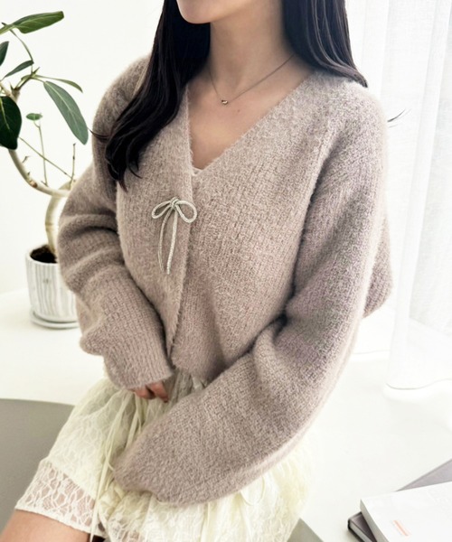 one after another NICE CLAUP（ワンアフターアナザーナイスクラップ）の「【WEB限定商品】ビジューリボンカラフルフェザーカーディガン（カーディガン/ボレロ・レディース・ピンク/ベージュ/アイボリー/ブルーグレー/ピンク系その他・FREE）」の18枚目の写真