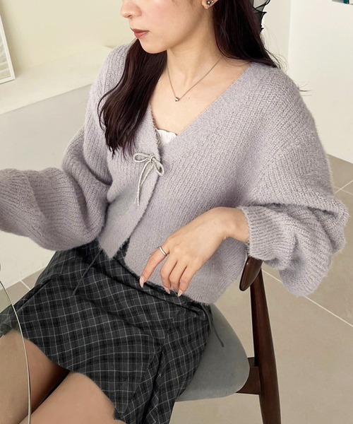 one after another NICE CLAUP（ワンアフターアナザーナイスクラップ）の「【WEB限定商品】ビジューリボンカラフルフェザーカーディガン（カーディガン/ボレロ・レディース・ピンク/ベージュ/アイボリー/ブルーグレー/ピンク系その他・FREE）」の7枚目の写真