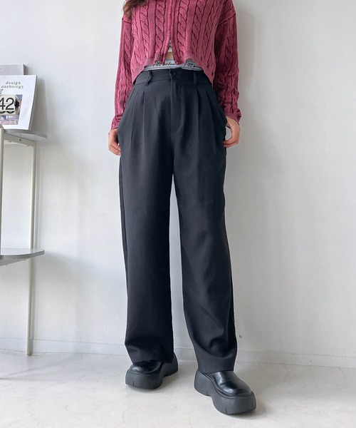 AS KNOW AS plus（アズノゥアズプラス）の「◇重ね着風ロゴハイウエストワイドパンツ（スラックス・レディース・カーキ/ブラック/グレー・FREE）」の4枚目の写真