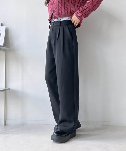 AS KNOW AS plus（アズノゥアズプラス）の「◇重ね着風ロゴハイウエストワイドパンツ（スラックス・レディース・カーキ/ブラック/グレー・FREE）」の5枚目の写真