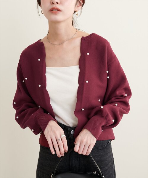 natural couture(ナチュラルクチュール)の「【Web限定】パールドットスカラップカーデ(カーディガン/ボレロ・レディース・モカ/ネイビー/レッド/アイボリー/グレイッシュベージュ/ブラック・FREE)」の6枚目の写真