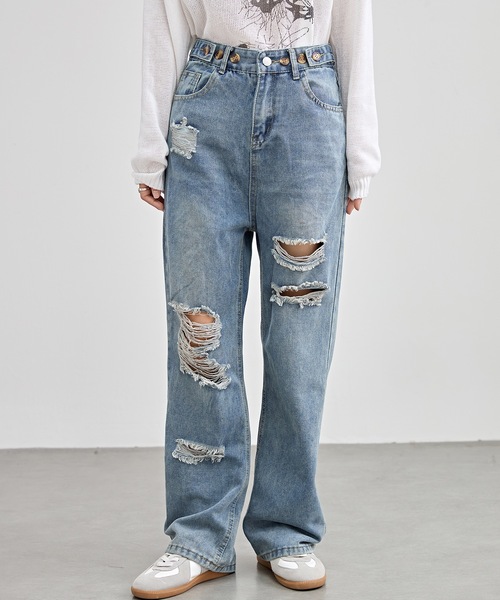 ウォッシュド デニムパンツ M〜2XL スリムフィット ワンフォークロージング 1111clothing デニムパンツ ワイド