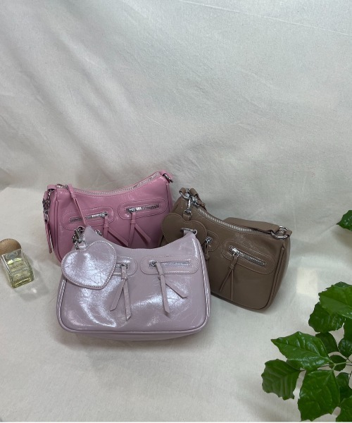 セール】ハートチャーム付きダブルジップポケットハンドル2WAY