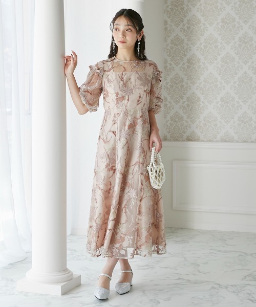PREFERIR パーティドレス パフスリーブ ワンピース 花柄 ミモレ丈 結婚式・お呼ばれ対応 | 刺繍レース切替えワンピース