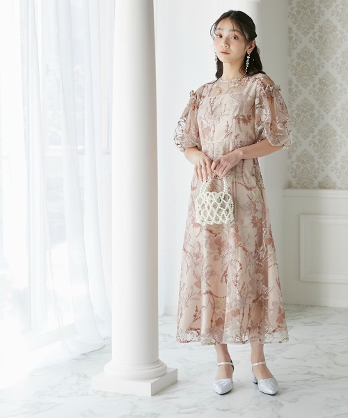 花柄 刺繍 ワンピース ドレス パフスリーブ パーティー nr1469 結婚式・パーティードレス】パフスリーブ花柄刺繍ワンピース