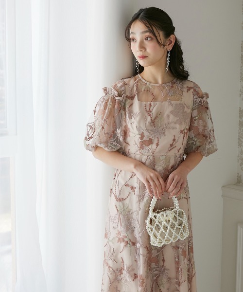 花柄 刺繍 ワンピース ドレス パフスリーブ パーティー nr1469 結婚式・パーティードレス】パフスリーブ花柄刺繍ワンピース