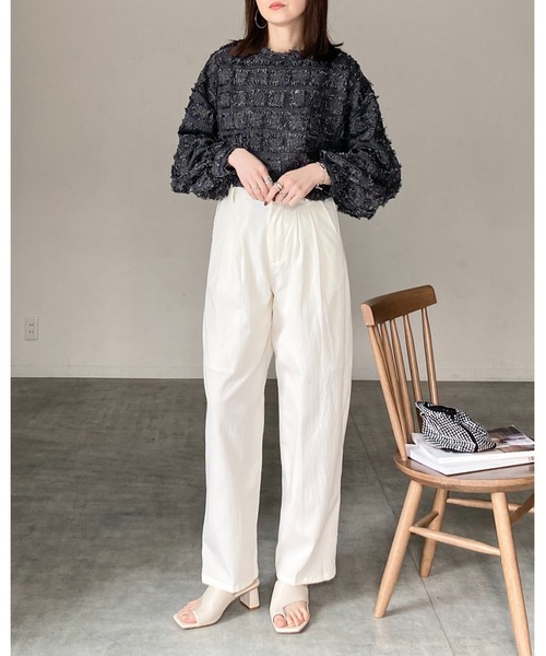 She's Closet(シーズクローゼット)の「チェック柄フリンジジャガード長袖トップス&ワイドパンツスタイル セットアップ(セットアップ・レディース・ブラック/ネイビー/ベージュ・FREE)」の11枚目の写真