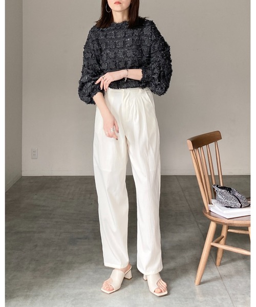 She's Closet(シーズクローゼット)の「チェック柄フリンジジャガード長袖トップス&ワイドパンツスタイル セットアップ(セットアップ・レディース・ブラック/ネイビー/ベージュ・FREE)」の12枚目の写真