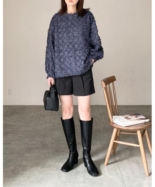 She's Closet(シーズクローゼット)の「チェック柄フリンジジャガード長袖トップス&ワイドパンツスタイル セットアップ(セットアップ・レディース・ブラック/ネイビー/ベージュ・FREE)」の13枚目の写真