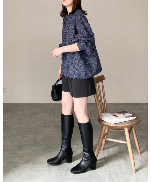 She's Closet(シーズクローゼット)の「チェック柄フリンジジャガード長袖トップス&ワイドパンツスタイル セットアップ(セットアップ・レディース・ブラック/ネイビー/ベージュ・FREE)」の14枚目の写真