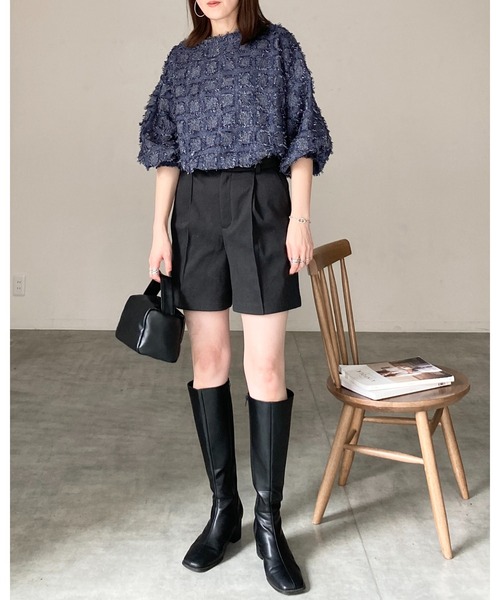 She's Closet(シーズクローゼット)の「チェック柄フリンジジャガード長袖トップス&ワイドパンツスタイル セットアップ(セットアップ・レディース・ブラック/ネイビー/ベージュ・FREE)」の15枚目の写真