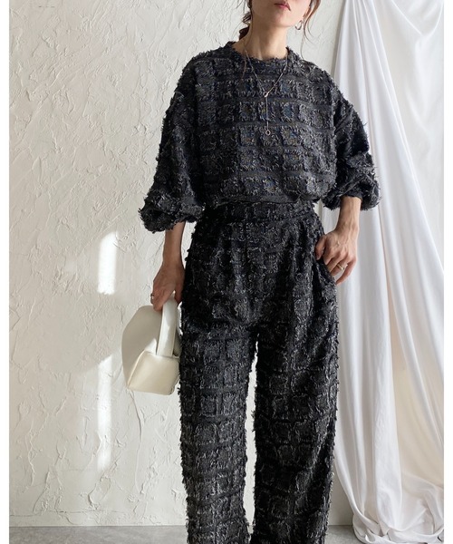 She's Closet(シーズクローゼット)の「チェック柄フリンジジャガード長袖トップス&ワイドパンツスタイル セットアップ(セットアップ・レディース・ブラック/ネイビー/ベージュ・FREE)」の22枚目の写真