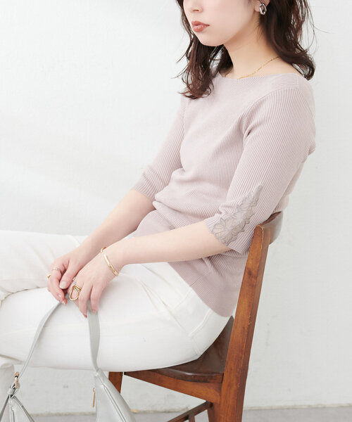 フラワー刺繍チュールドッキングリブニット セール】袖口フラワー刺繍リブニット（ニット/セーター