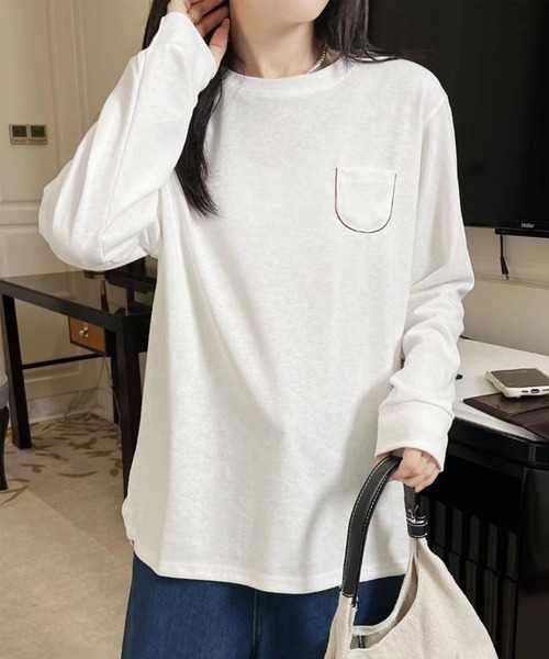 aimoha（アイモハ）の「ポケット付きシンプルロングスリーブTシャツ（Tシャツ/カットソー・レディース・ブラック/ダークグレー/オレンジ/イエロー/ホワイト・FREE）」の2枚目の写真