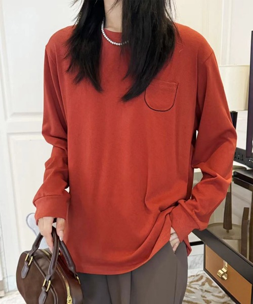 aimoha（アイモハ）の「ポケット付きシンプルロングスリーブTシャツ（Tシャツ/カットソー・レディース・ブラック/ダークグレー/オレンジ/イエロー/ホワイト・FREE）」の5枚目の写真