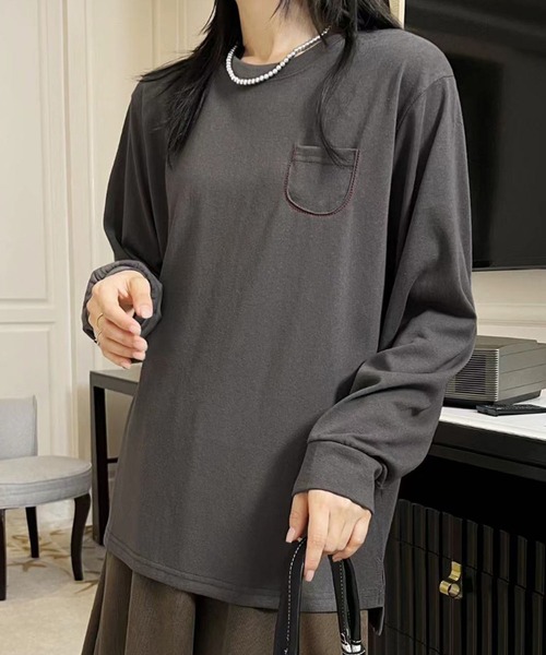 aimoha（アイモハ）の「ポケット付きシンプルロングスリーブTシャツ（Tシャツ/カットソー・レディース・ブラック/ダークグレー/オレンジ/イエロー/ホワイト・FREE）」の4枚目の写真