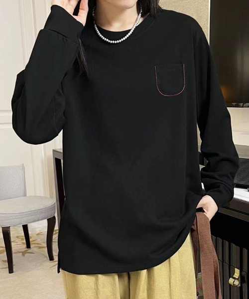 aimoha（アイモハ）の「ポケット付きシンプルロングスリーブTシャツ（Tシャツ/カットソー・レディース・ブラック/ダークグレー/オレンジ/イエロー/ホワイト・FREE）」の3枚目の写真