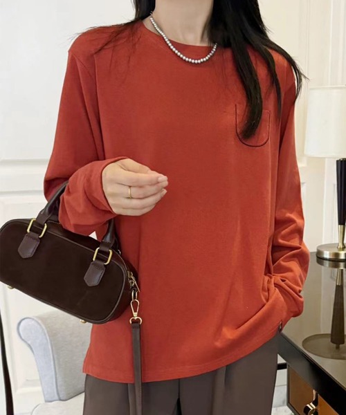 aimoha（アイモハ）の「ポケット付きシンプルロングスリーブTシャツ（Tシャツ/カットソー・レディース・ブラック/ダークグレー/オレンジ/イエロー/ホワイト・FREE）」の6枚目の写真