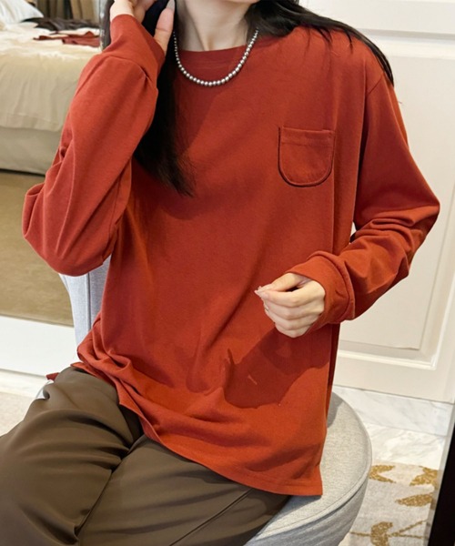 aimoha（アイモハ）の「ポケット付きシンプルロングスリーブTシャツ（Tシャツ/カットソー・レディース・ブラック/ダークグレー/オレンジ/イエロー/ホワイト・FREE）」の7枚目の写真