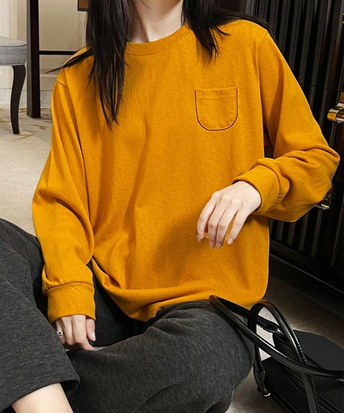 aimoha（アイモハ）の「ポケット付きシンプルロングスリーブTシャツ（Tシャツ/カットソー・レディース・ブラック/ダークグレー/オレンジ/イエロー/ホワイト・FREE）」の21枚目の写真