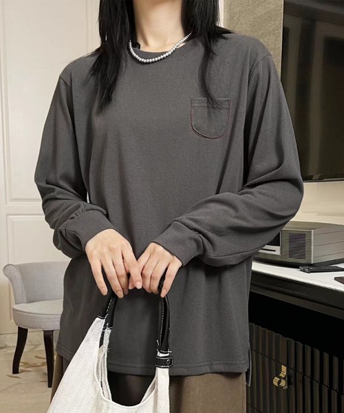 aimoha（アイモハ）の「ポケット付きシンプルロングスリーブTシャツ（Tシャツ/カットソー・レディース・ブラック/ダークグレー/オレンジ/イエロー/ホワイト・FREE）」の18枚目の写真