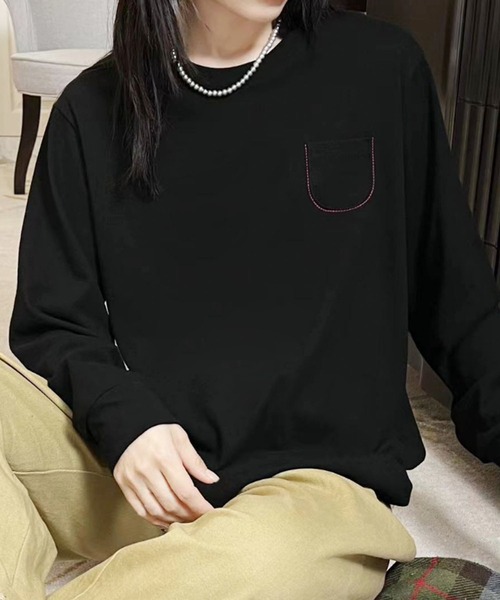 aimoha（アイモハ）の「ポケット付きシンプルロングスリーブTシャツ（Tシャツ/カットソー・レディース・ブラック/ダークグレー/オレンジ/イエロー/ホワイト・FREE）」の16枚目の写真