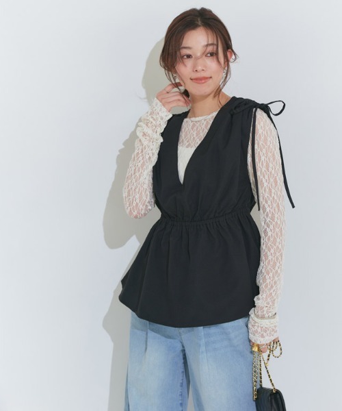 Pierrot(ピエロ)の「袖シャーリングレースカットソー(Tシャツ/カットソー・レディース・ブラック/アイボリー・M/L)」の12枚目の写真